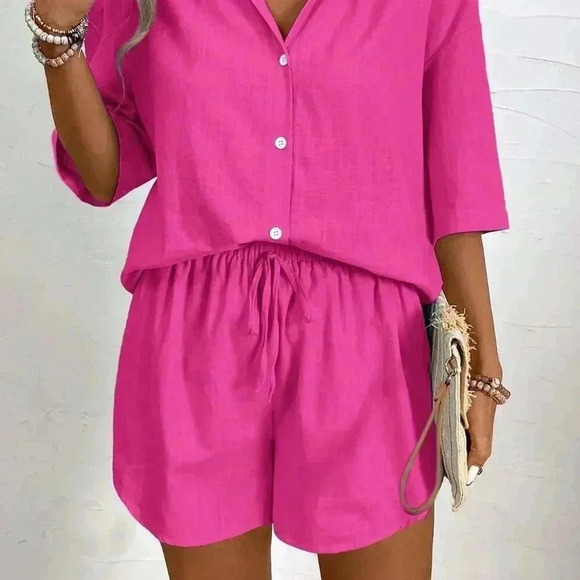 Hot Pink Casual Women's Summer Solid Color Drop-Shoulder Shirt And Loose Shorts - Picture 4 of 7